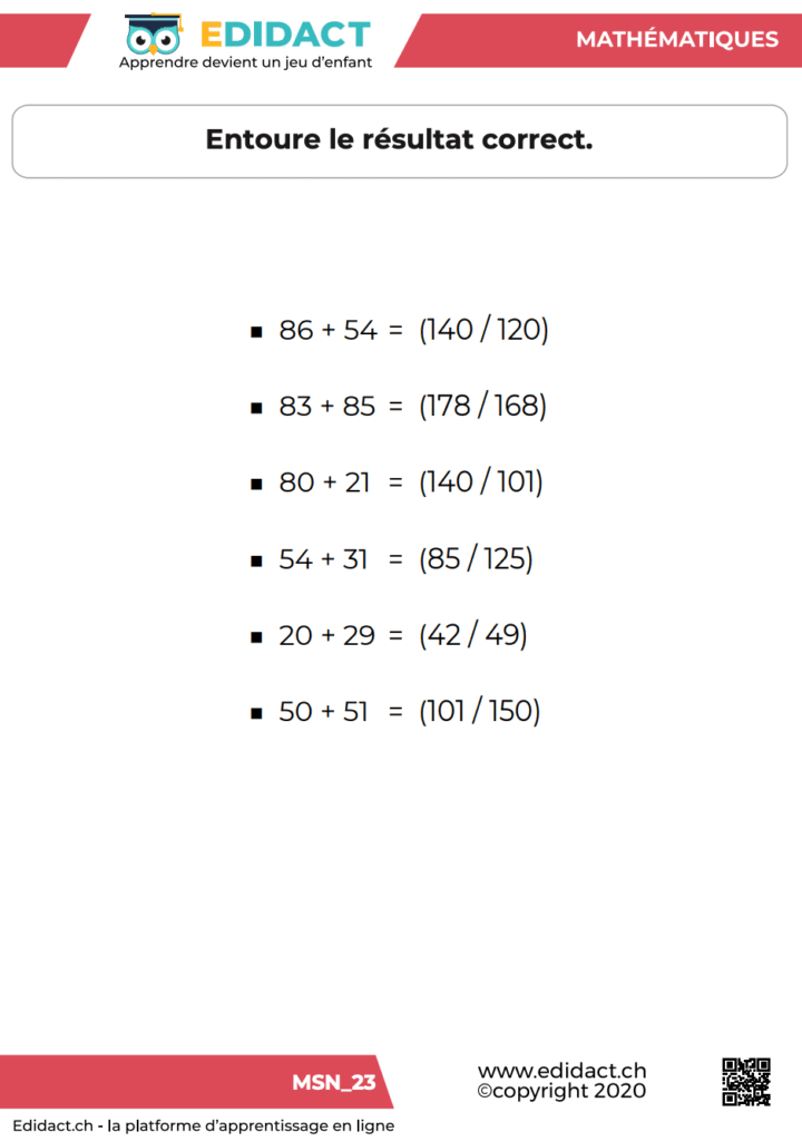 fiches additions a imprimer
